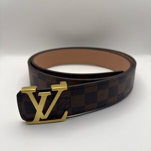 Louis Vuitton Brown Checkered Belt with Gold Buckle